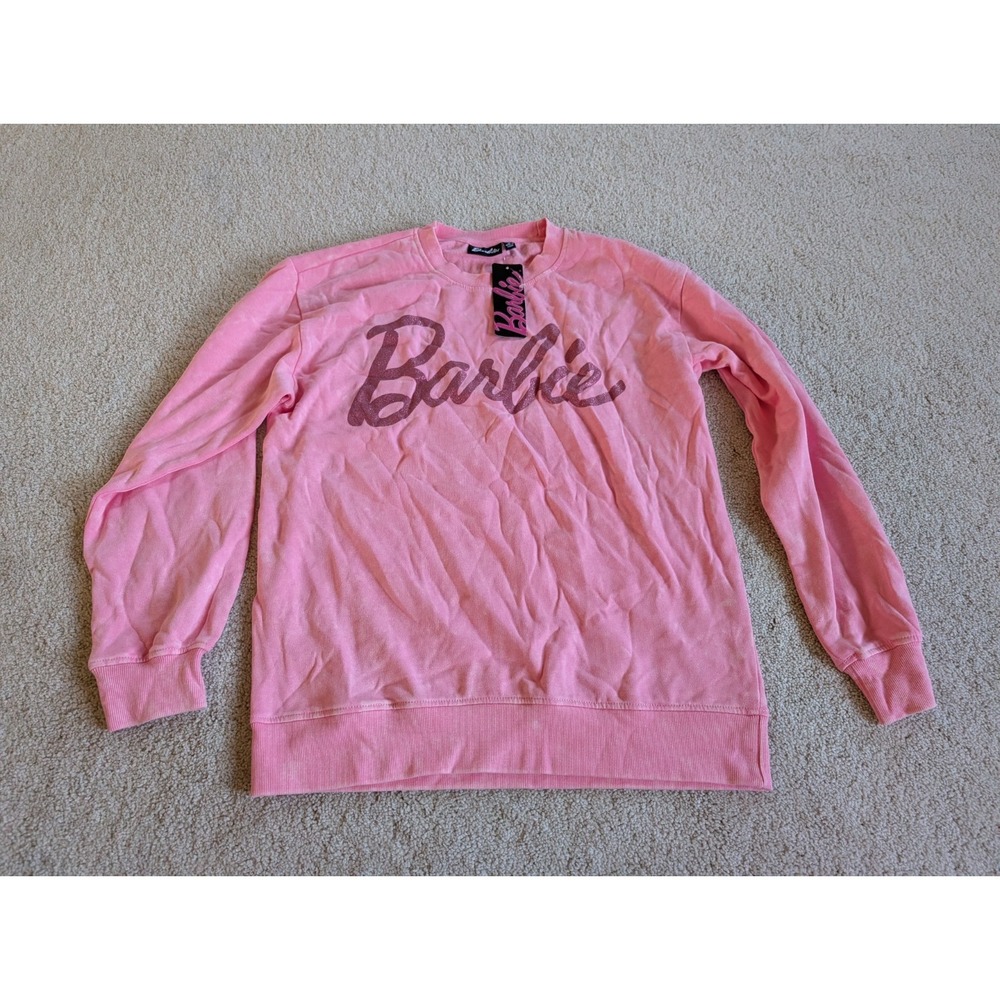 Women's Barbie Long Sleeve Sweatshirt Pink Spellout Fleece Medium NWT Glitter